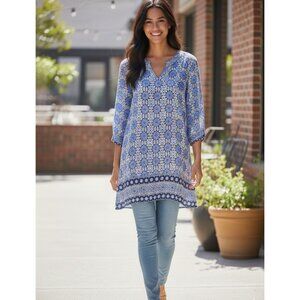 14th & Union Womens Blue Printed V-Neck 3/4 Sleeve Tunic Top M 100% Rayon Made I